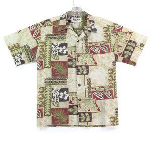 Howie Men's Aloha Shirt Tan Red & Olive Hawaiian Floral Geometric Print Medium